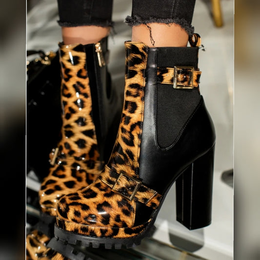 Sexy Leopard Combat chunky Block High Heel