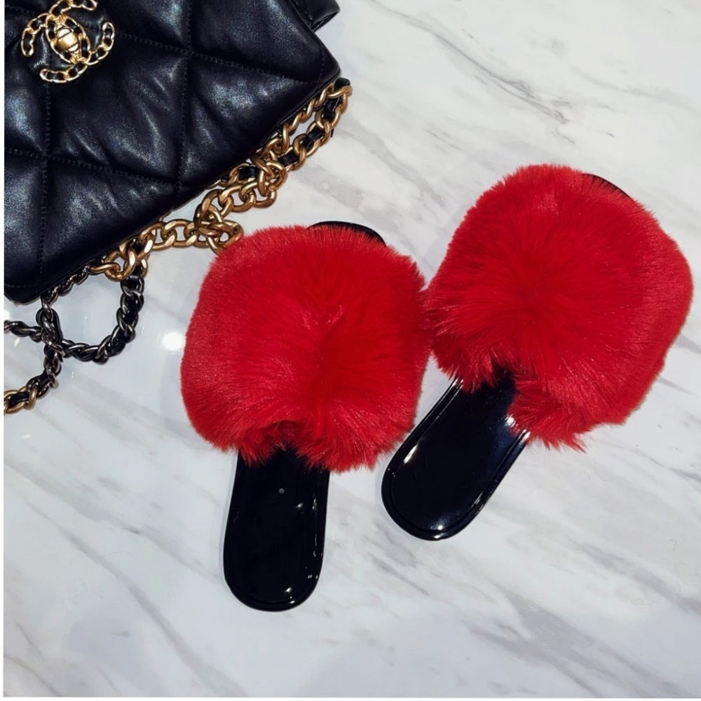 ❤Just In ❤ FUR JELLY SLIDES- RED